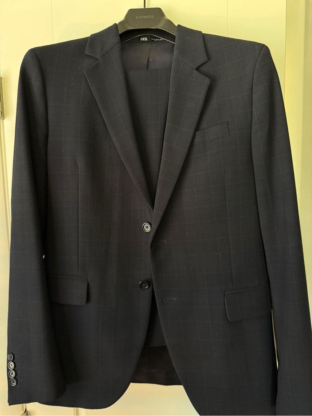 Zara Men's Navy Plaid Two-Button Suit Jacket
